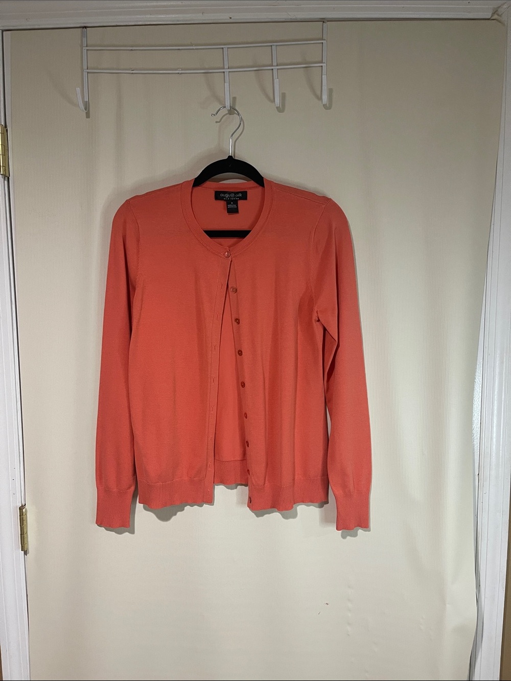 August Silk, Silk Blend Coral Button-Front Crewneck Sweater Cardigan SZ Medium